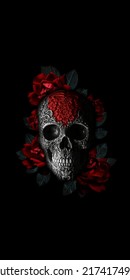 A Grey Skull Texture With Leaves And  Black Background, Android Wallpaper For Mobile