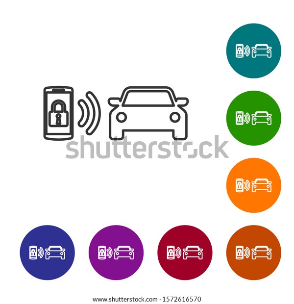 Grey Smart car alarm system line\
icon isolated on white background. The smartphone controls the car\
security on the wireless. Set icon in color circle\
buttons