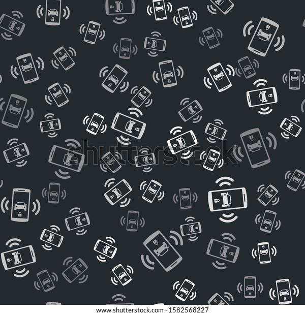 Grey Smart car alarm system icon isolated\
seamless pattern on black background. The smartphone controls the\
car security on the wireless. \
