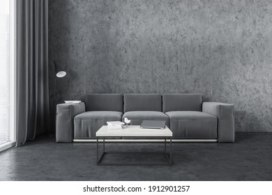 Grey Sofa In Minimalist Living Room With Marble Floor. Couch Near Window With Curtains And Grey Wall. Coffee Table With Laptop, 3D Rendering No People