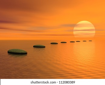 Grey stones steps upon the ocean going to the sun by cloudy sunset - Powered by Shutterstock