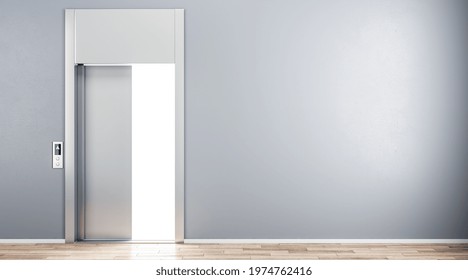 Grey Wall With Copyspace And Open Elevator Doors In Abstract Hall. 3D Rendering, Mockup