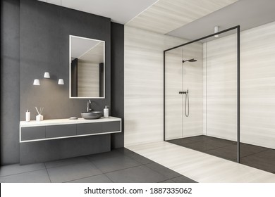 Grey And White Bathroom With Sink, Mirror And Drawers, Shower With Glass Doors, Side View. Minimalist Design Of Modern Bathroom With Tiled Floor 3D Rendering, No People