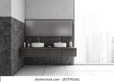 Grey And White Bathroom With Two Sinks, Big Mirror Near Large Window With City View. Minimalist Design Of Modern Tiled Bathroom With White Floor 3D Rendering, No People