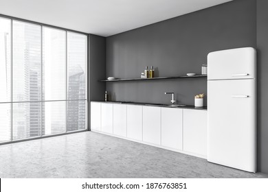 Grey And White Kitchen Set With Sink And Appliances, Marble Floor And Grey Wall, Side View Near Window. Minimalist Design Of Kitchen With Fridge And Stove, 3D Rendering No People