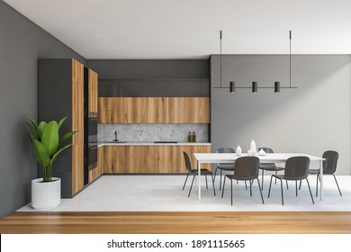 Grey And White Living Room With Eating Table And Chairs. Wooden Kitchen Set With Shelves, Sink And Oven, Plant In The Corner. 3D Rendering No People