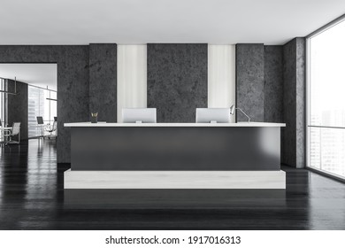 Grey And White Reception Room In Business Office Centre, Office Desk With Computers On Parquet Floor. Minimalist Dark Entrance Room, 3D Rendering No People