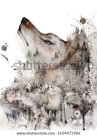 Grey Wolf Art Print. Forest Home decor wall art isolated in a white. Watercolor poster of Wolf Head and Misty Woodland, Dark Fantasy, Halloween Painting