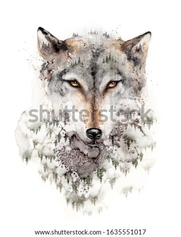 Grey Wolf Art Print. Forest Home decor wall art isolated in a white. Watercolor poster of Wolf Head and Misty Woodland, Dark Fantasy, Halloween Painting