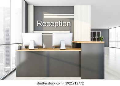 Grey And Wooden Reception Room And Conference Room On Background. Entrance Business Interior With Table And Sign And Conference Room, 3D Rendering No People