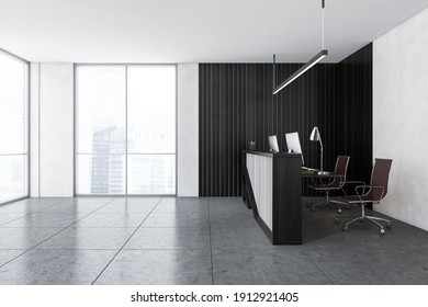 Grey And Wooden Reception Room With Two Computers, Tiled Marble Floor And Windows With City View, Side View. Reception Entrance With Office Desk, Marble Floor 3D Rendering No People