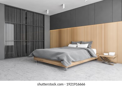 Grey And Wooden Sleeping Room, Bed On Grey Marble Floor. Minimalist Design Of Bedroom With Wardrobe, 3D Rendering No People