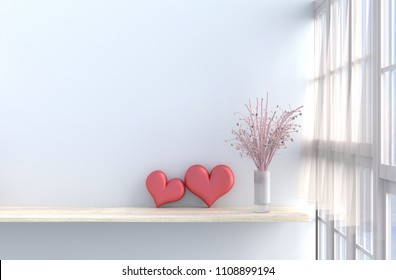 Grey-White living room decor with two hearts ,white wall, window, table, pink rose,vase, drape,branch,curtain,The sun shines through the window. 3d render.For valentine day. 