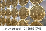 Grid Array Of Bitcoin Golden Shiny Metallic Coins Slowly Moving BTC 3D Rendering - Abstract Background Texture