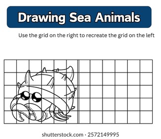 Grid drawing worksheet featuring a hermit crab design for kids to recreate. Helps develop artistic skills, focus, and spatial awareness. Ideal for educational purposes, art classes, or creative activi