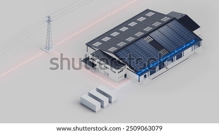 Grid failure. A warehouse is powered only by electricity generated by solar panels and electricity stored in battery storage. Demand Response. Isometric view.