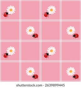 Grid pattern with daisies and ladybugs