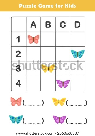 Grid References Worksheet for Kids. Write the coordinates of each picture. Locating Objects on a Grid Activity Sheet. Education game for children with cute butterfly illustration. Puzzle Game.