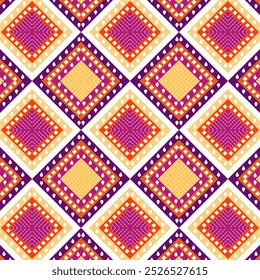 A grid of squares pattern on this seamless fabric, bold purple, forms the foundation of the design. Each square is filled with a delicate pattern of small, yellow diamonds of texture  and depth. 