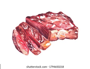 Grilled Beef Steak. Watercolor Hand Drawn Illustration, Isolated On White Background