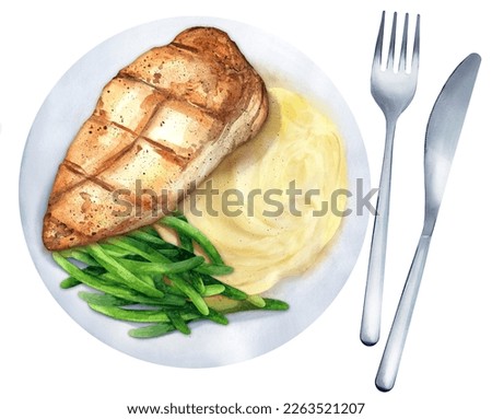 Grilled chicken breast with mashed potatoes and green beans on a plate. Hand-drawn watercolor illustration. Suitable for menus, cookbook and restaurant. Top view
