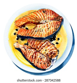 Grilled Salmon With Black Pepper, Fried Fish On White Plate, Watercolor Painting On White Background