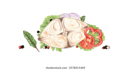 Pescado blanco a la parrilla con verduras verdes frescas, ensalada de hojas, ilustración de acuarela de granos de pimienta negra fondo aislado. Filete de esturión con verduras verdes para recetas de dieta saludable, menú de proteínas.