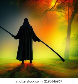 Grim Reaper In A Colorful Misty Forest During Halloween