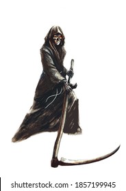 grim reaper in a hood with a scythe, on a white background - fantasy illustration, fictional character