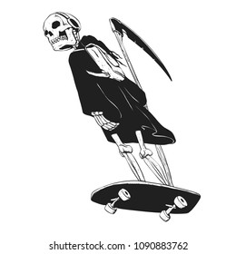 Grim Reaper Skater - Funny Skeleton - Gothic Monster - Black And White