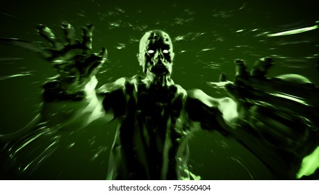 Grim zombie attack zombie monster run. 3D illustration in black and red colors. Scary character on green background.