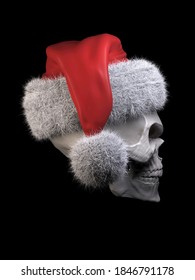 Grinning Skull Wearing A Santa Hat - Side View - 3D Illustration