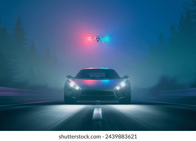 In a gripping nighttime scene, a state-of-the-art electric sports car is chased by a glowing drone, weaving through fog on an isolated highway, embodying the essence of a futuristic pursuit. - Powered by Shutterstock