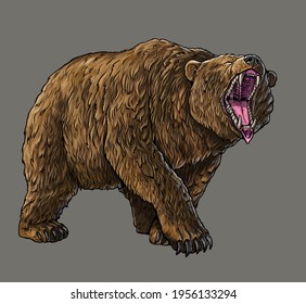 Grizzly Bear, Cave Bear Illustration. Bear Attack Drawing.