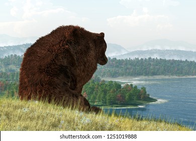 Grizzly Bear Sits Atop Grassy Hill Stock Illustration 1251019888