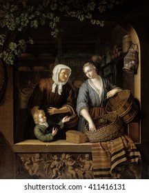 The Grocer's Shop, by Frans van Mieris (II), 1715, Dutch painting, oil on panel. Two women and a young boy in the open window in a grocery store. The shop displays many products: cheese, raisins,