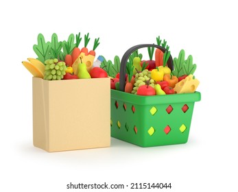 Grocery Delivery Concept. A Bag Of Fresh Fruits And Vegetables. Shopping Basket With Groceries. Full  Plastic Grocery Or Food Cart With Products. 3d Rendering.