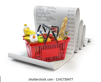 Grocery Expenses Budget  And Consumerism Concept. Shopping Basket With Foods On The Receipt Isolated On White. 3d Illustration