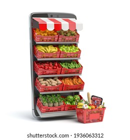 Grocery food buying online and delivery app concept. Food market in smartphone. Smartphone and crates with fruits and vegetables with shopping basket full of food. 3d illustration