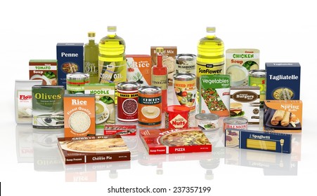 Grocery Food Package Product Collection, Isolated On White Background 