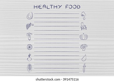 Grocery List Template With Fruit An Vegetables Icons And Lines To Add Text