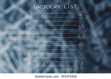 Grocery List Template With Fruit And Vegetables Icons And Lines To Add Text