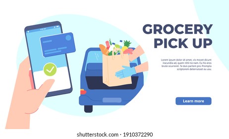 Grocery Pickup. Safe Shopping In Store, Order Online And Curbside Pick Up Without Leaving Car. Hand Phone Orders Food  Concept. Illustration Service Pick Up Shopping Application, Online Order