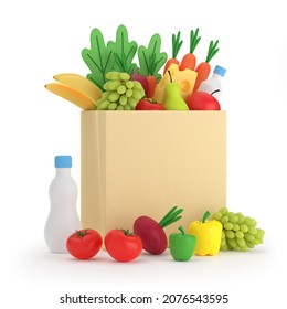 Grocery Set. Products For Healthy Nutrition For Weight Loss In Paper Packaging. Vegetarian Food. A Bag Of Fresh Fruits And Vegetables. 3d Rendering.