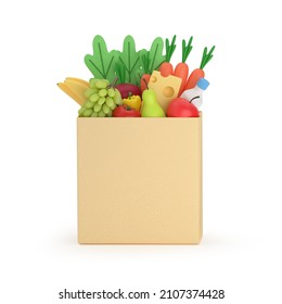 Grocery set. Products for healthy nutrition for weight loss in paper packaging. Vegetarian food. A bag of fresh fruits and vegetables. 3d rendering. - Powered by Shutterstock