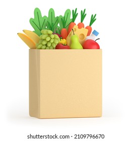 Grocery Set. Products For Healthy Nutrition For Weight Loss In Paper Packaging. Vegetarian Food. A Bag Of Fresh Fruits And Vegetables. 3d Rendering.