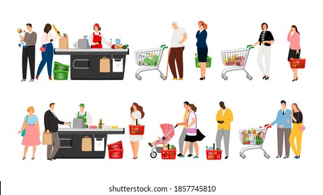 Grocery shopping queue. Shop queues people, cartoon retail store customers in long line and cashier staff, illustration - Powered by Shutterstock