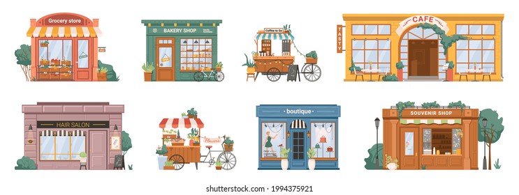 Grocery store and bakery, mobile coffee kiosk on bike, cafe restaurant and hair salon barbershop, florist flower store and clothing boutique, shop with souvenirs isolated building set facade exterior - Powered by Shutterstock