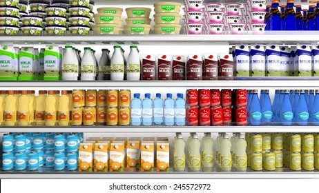 Grocery Store Concept. Supermarket Refrigerator With Various Products 