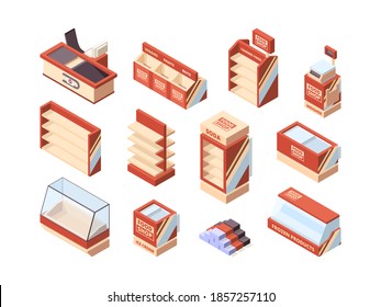 Grocery Store Furniture. Checkout Tables Shelves Shopping Carts Fridges Supermarket Isometric Items